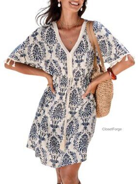 V Neck Tassel Trim Short Sleeve Paisley Summer Mini Dress